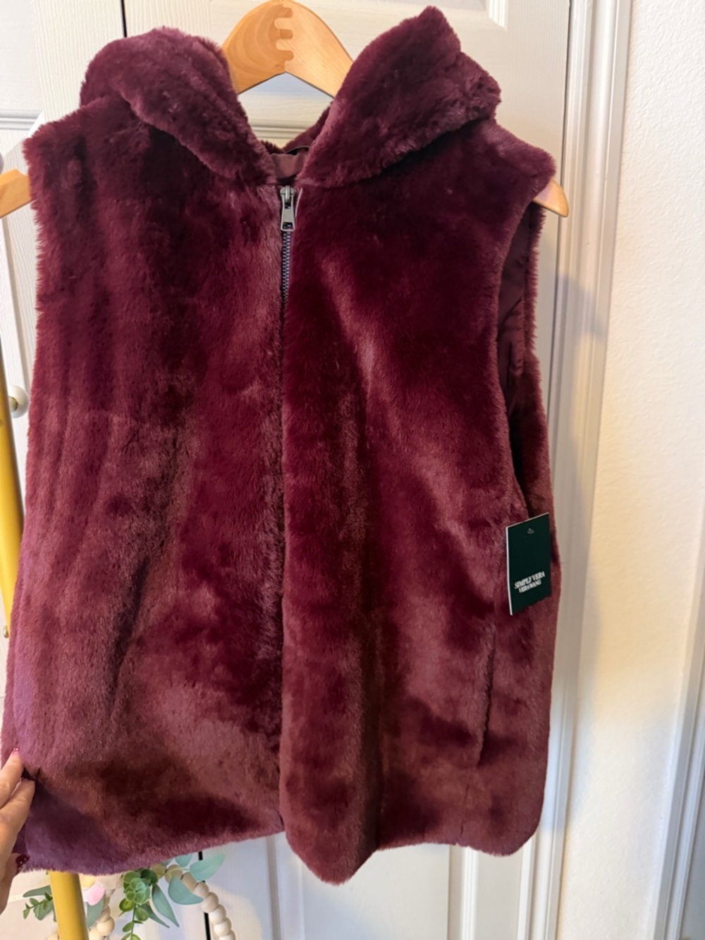 Simply Vera Vera Wang Plush Faux Fur Hooded Vest - Deep Wine